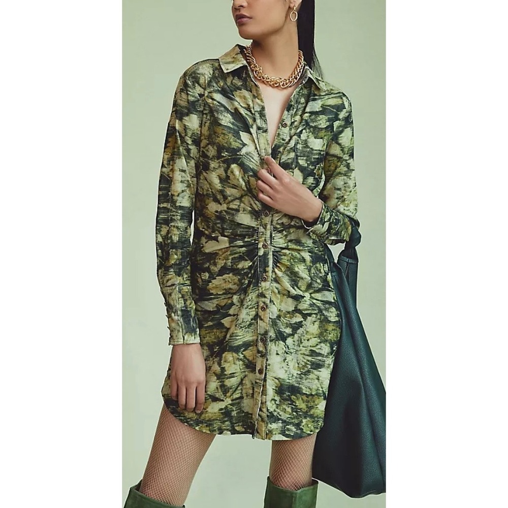 Pilcro Anthropologie Green Print Corduroy Ruched Mini Shirt Dress 4 petite